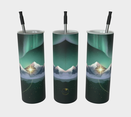 Stardust Journey Stainless Steel Tumbler — Mountain Aurora & Starry Night Art