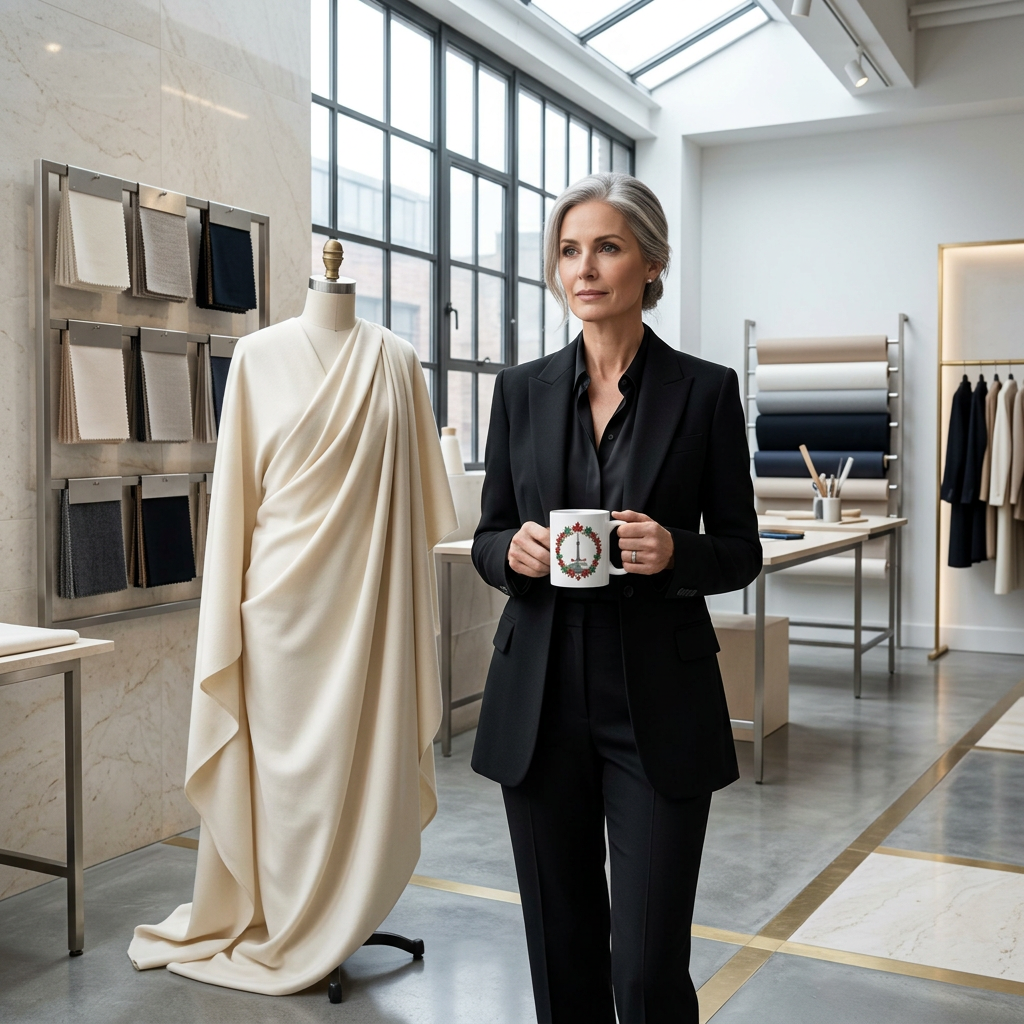 Fashion designer holding the Ontario mug in an elegant atelier