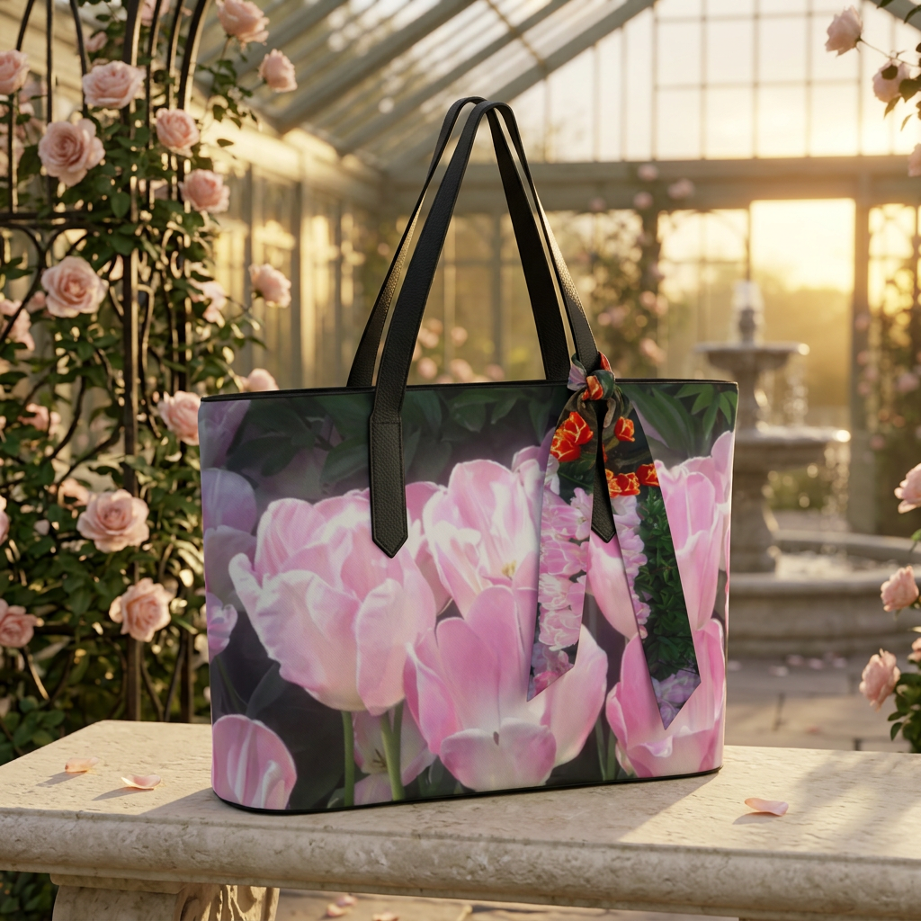 Floral vegan bag with twilly tied at the handle in a romantic conservatory