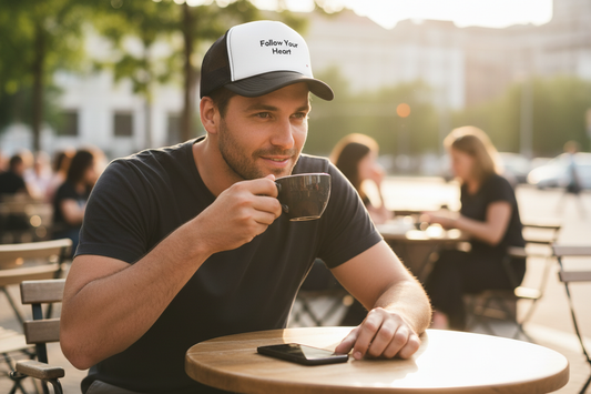 Follow Your Heart Hat - Man at Cafe with Coffee