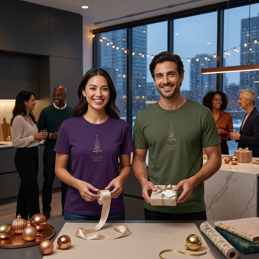 Friends wearing purple and olive tree tees while wrapping gifts