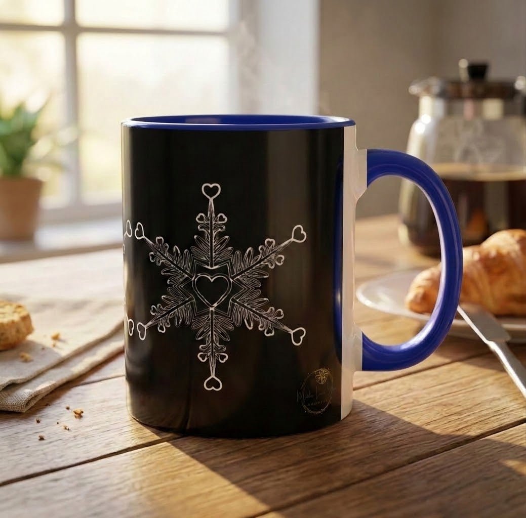 Make Love Your Compass 11oz ceramic accent mug with a black exterior and vibrant blue interior and handle, featuring a white snowflake design made of tiny hearts.