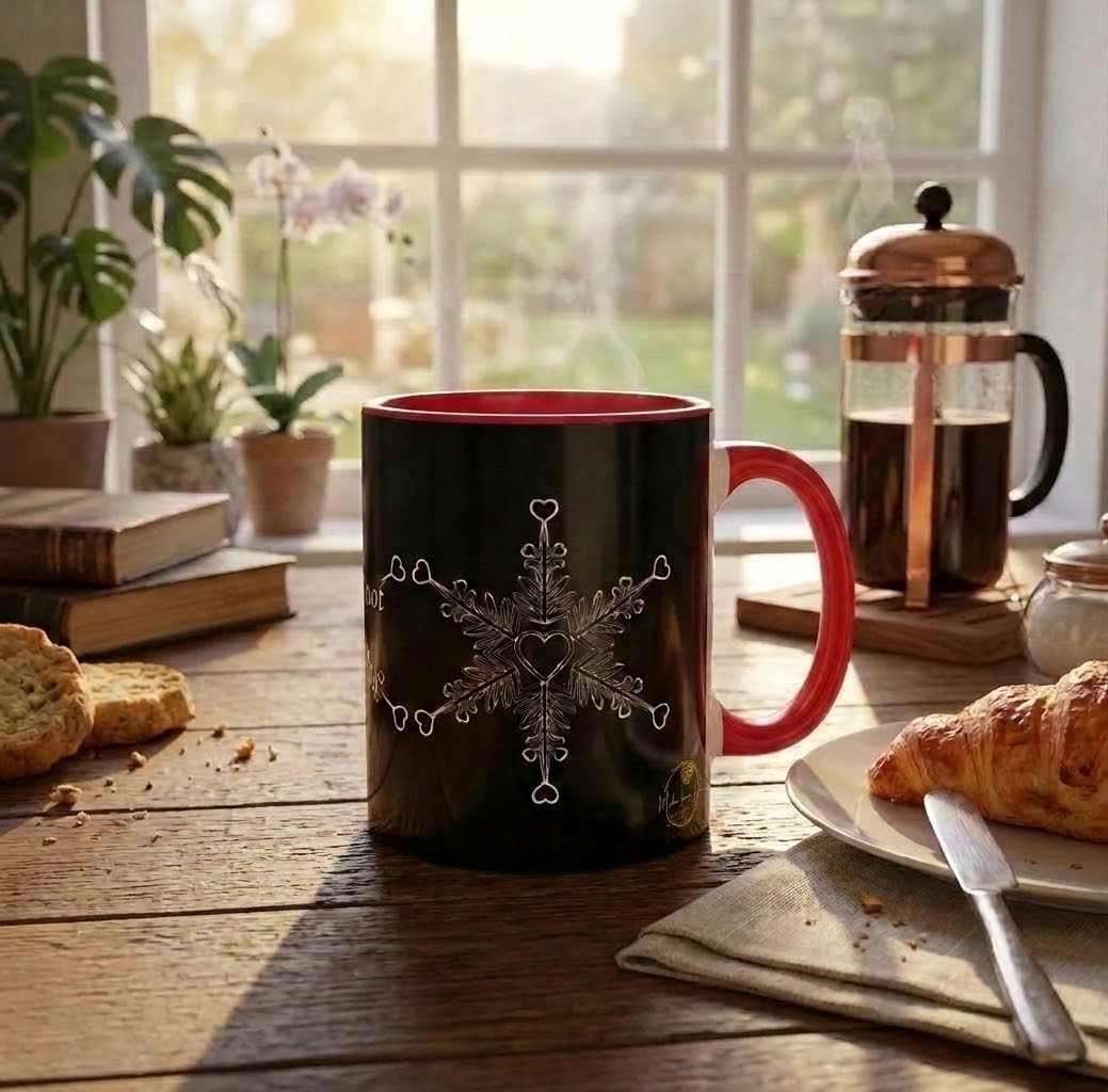 Make Love Your Compass 11oz ceramic accent mug with a black exterior and vibrant red interior and handle, featuring a white snowflake design made of tiny hearts.