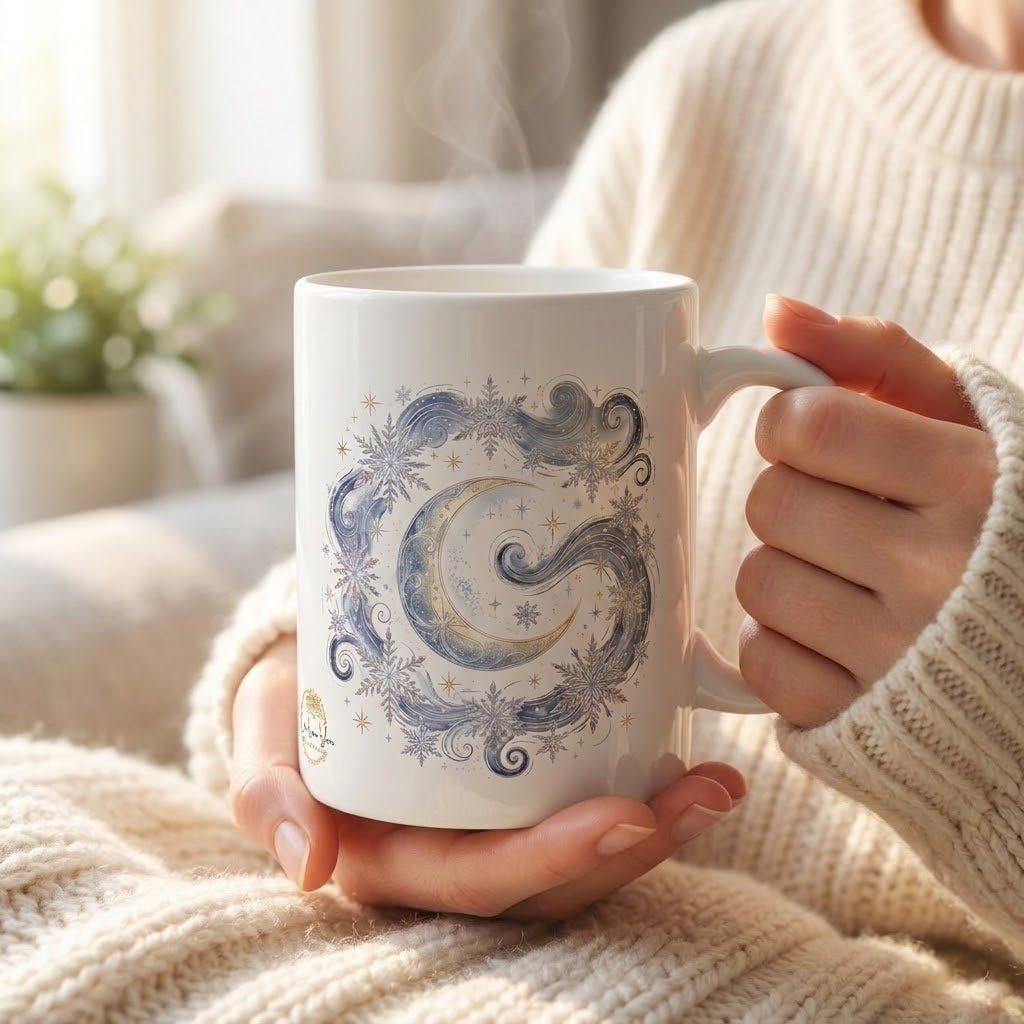 Celestial Moon and Snowflake Ceramic Mug