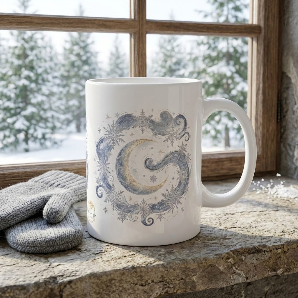 Celestial Moon and Snowflake Ceramic Mug
