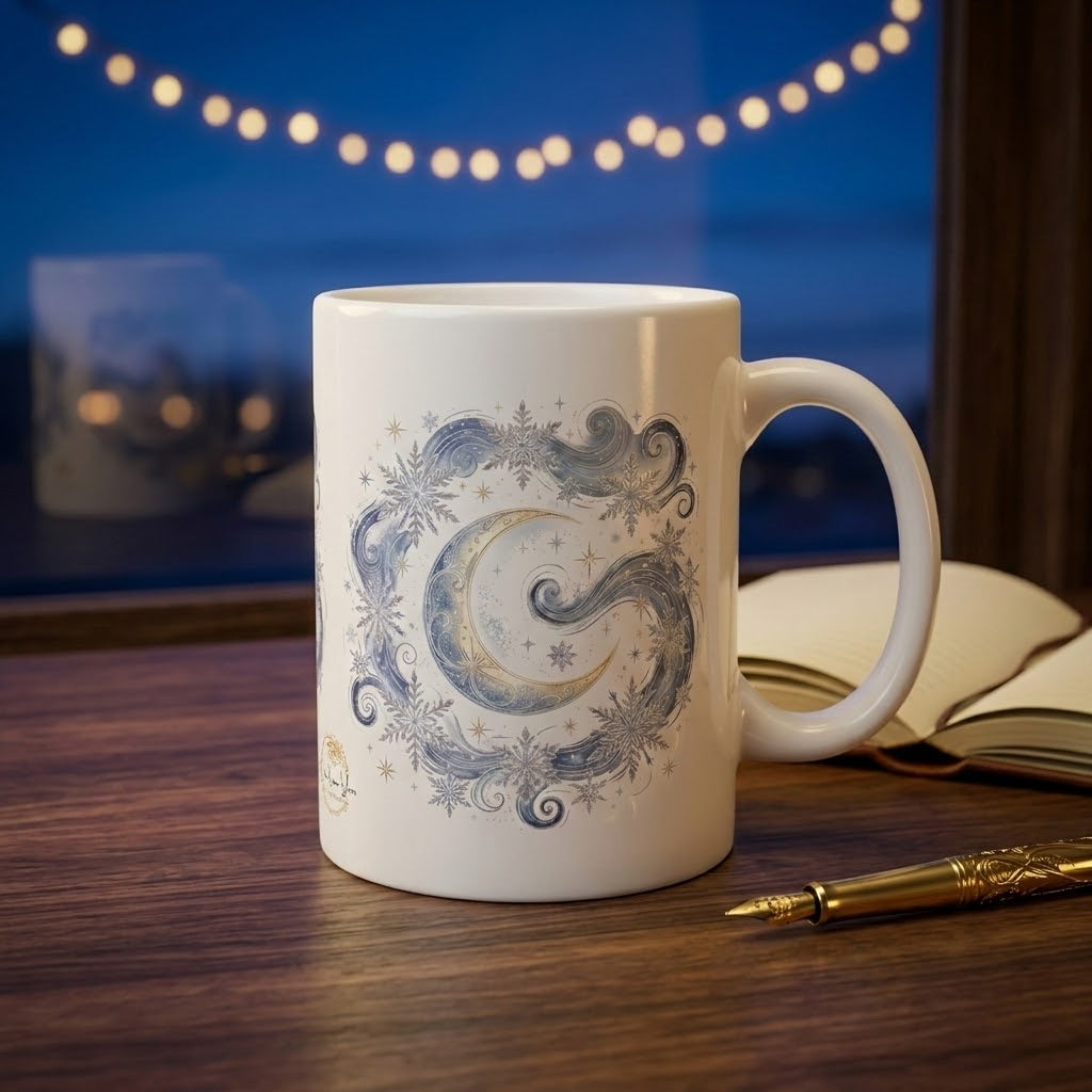 Celestial Moon and Snowflake Ceramic Mug