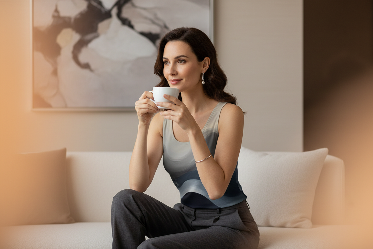 Grey Waves Tank - Elegant Woman with Coffee