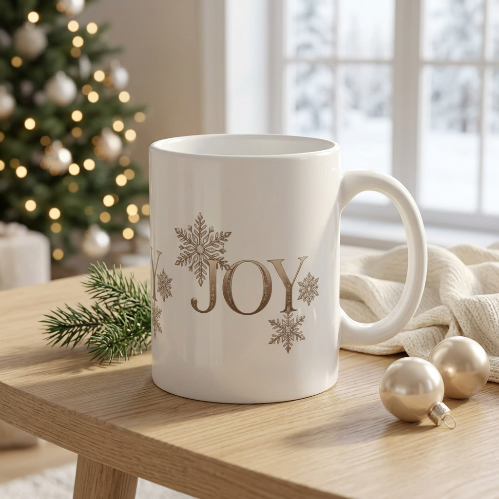 JOY mug in an elegant holiday lifestyle setting
