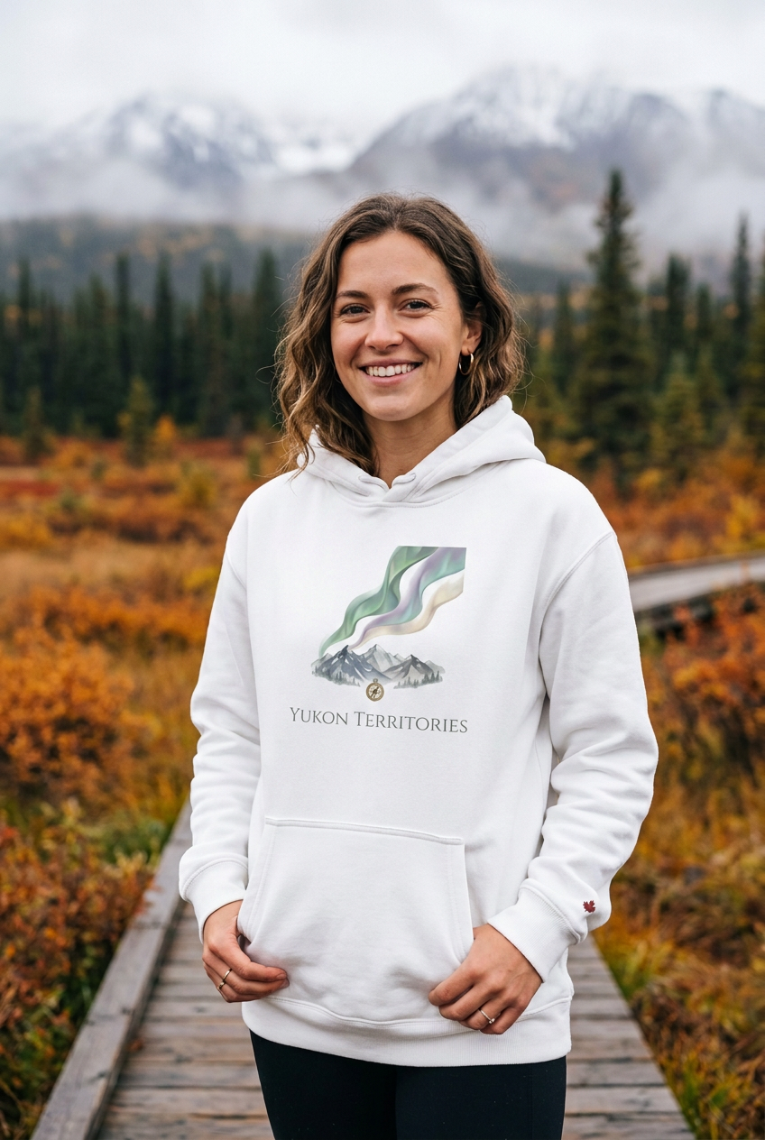 Lifestyle photograph using the supplied Yukon Territories hoodie as the product reference