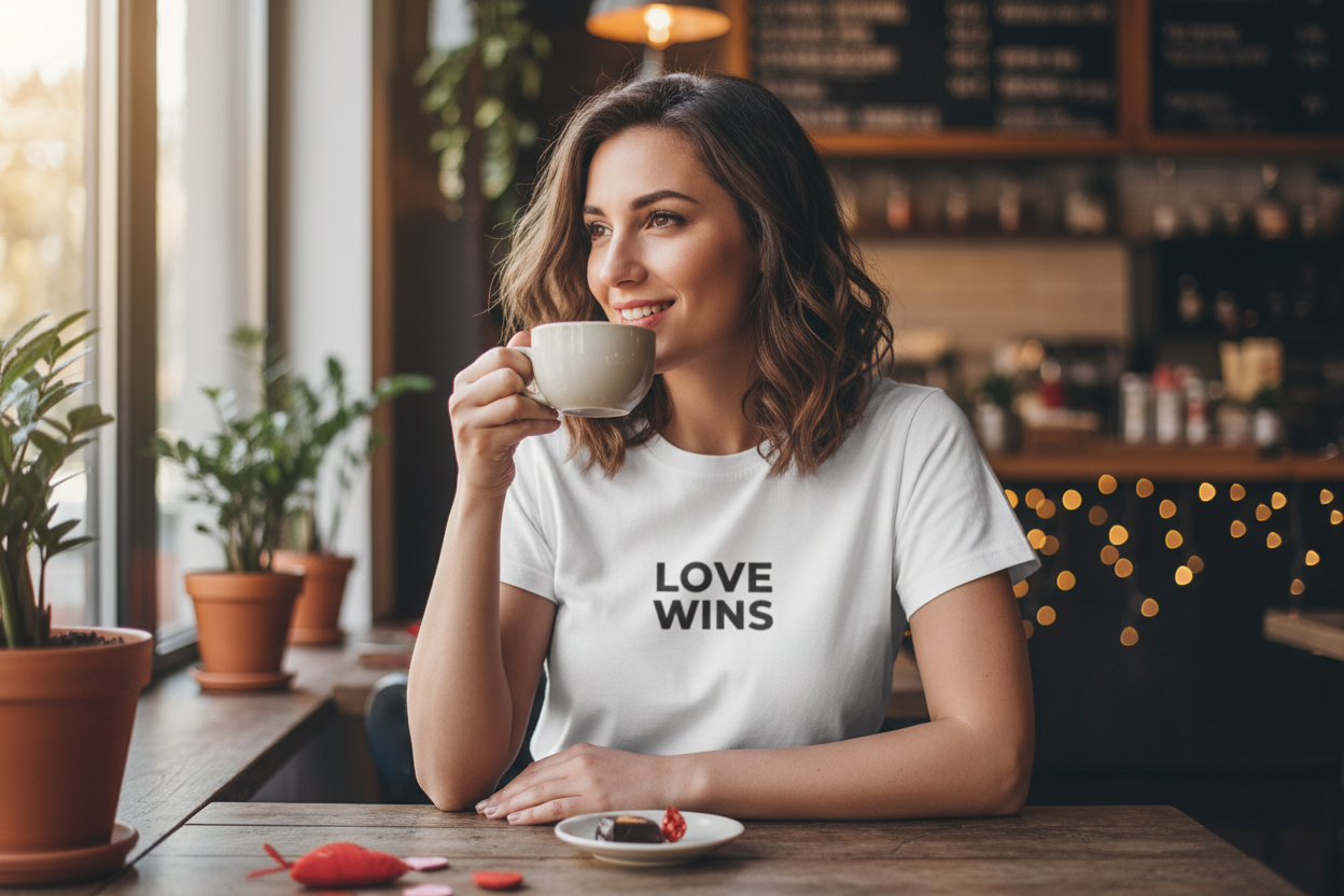 Love Wins Tee - Woman at Cafe