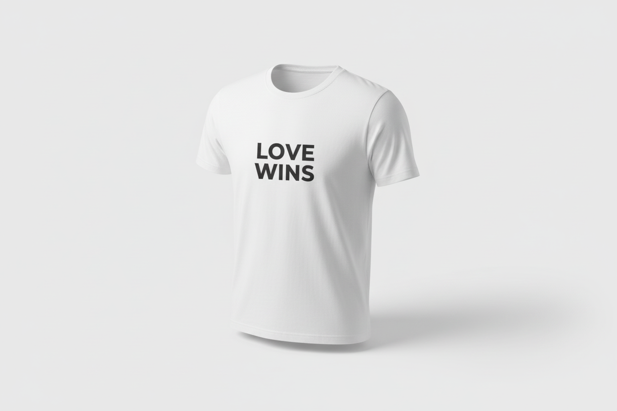 White t-shirt with 'LOVE WINS' text on a white background
