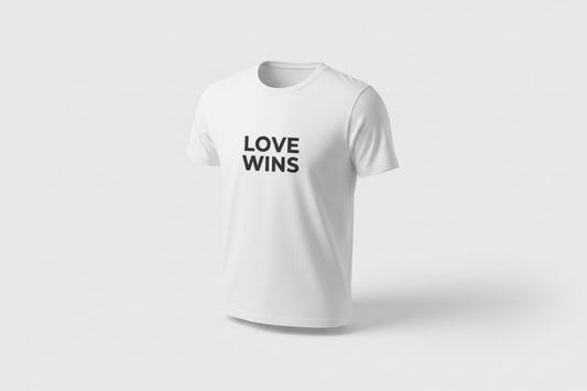 White t-shirt with 'LOVE WINS' text on a white background