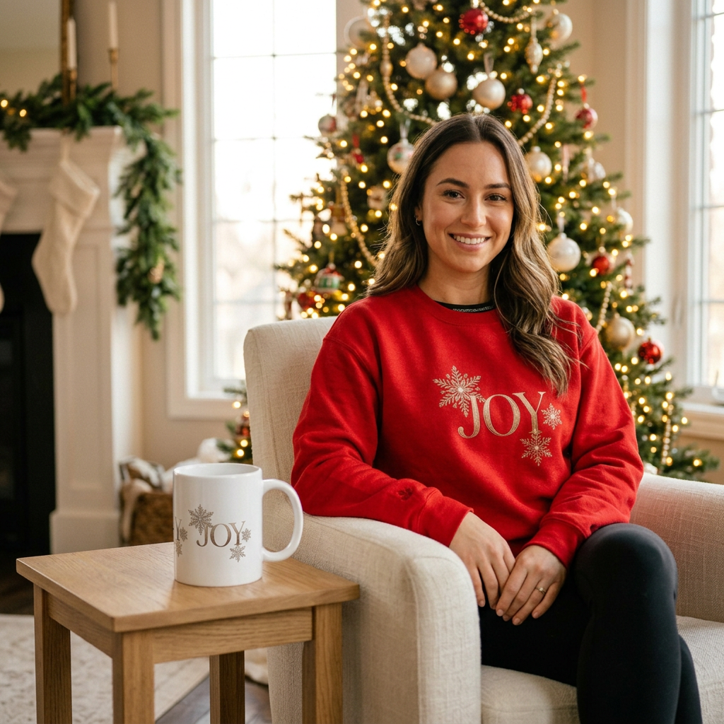 Matching JOY mug and red sweatshirt in a cozy Christmas setting