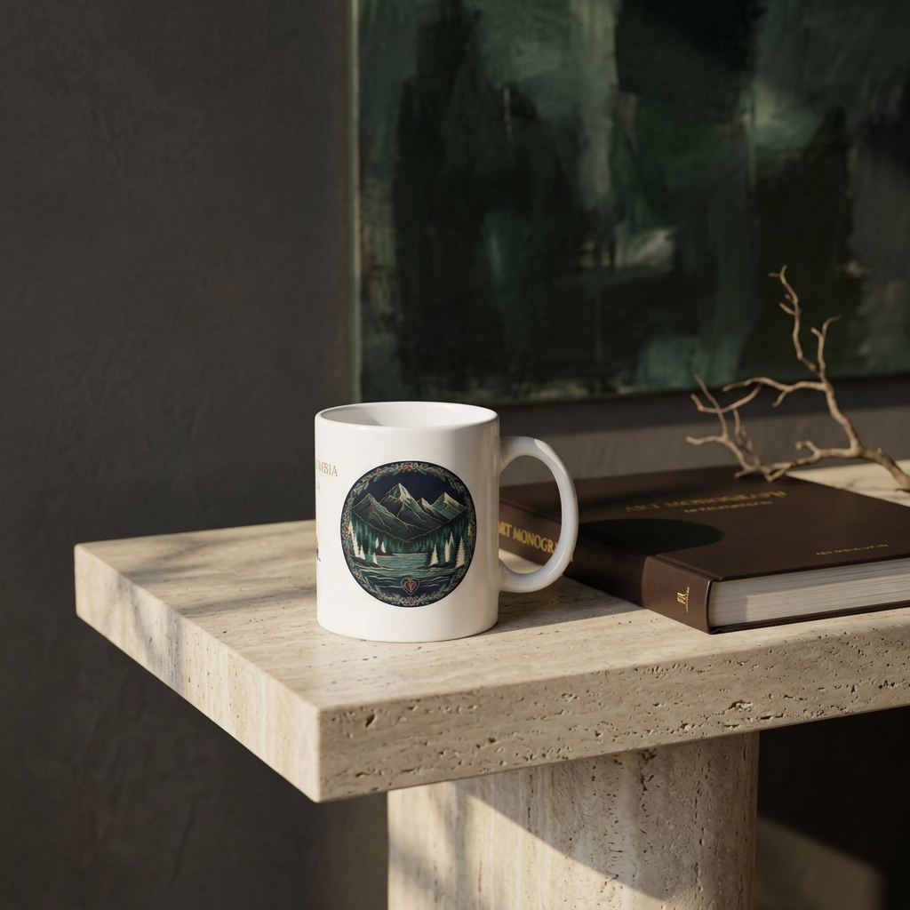 Mountain mug styled on travertine in an art collector’s contemporary apartment