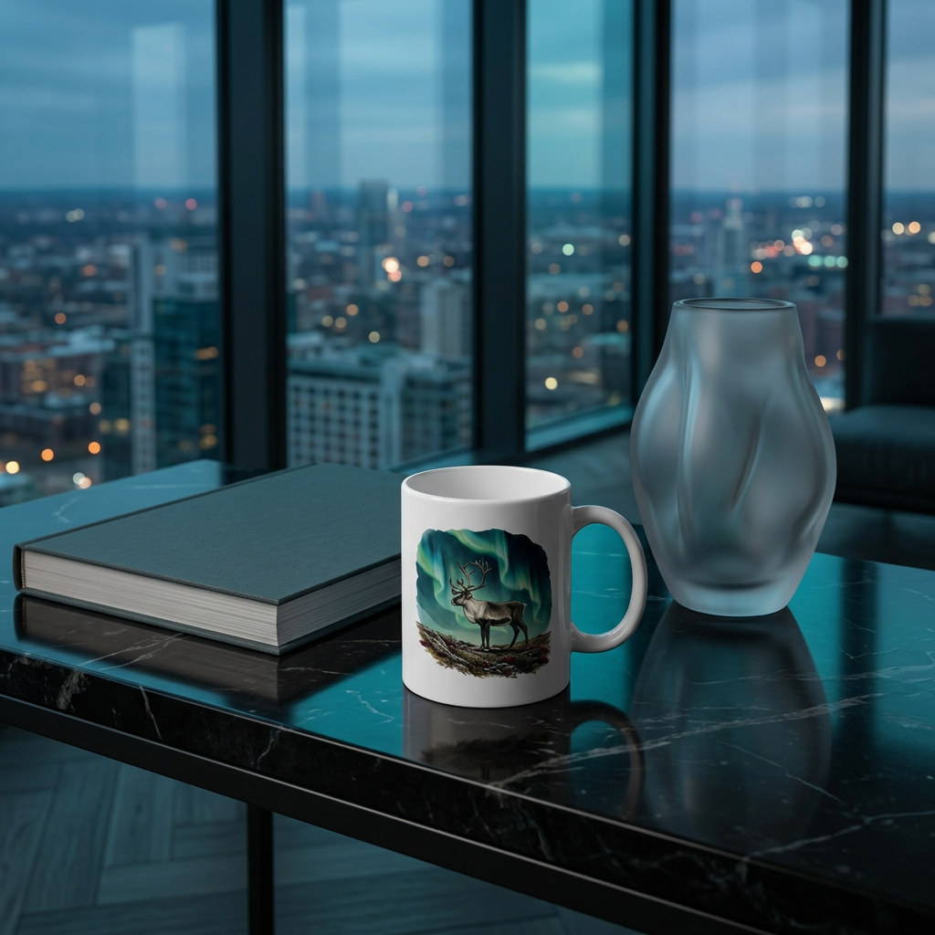 Mug styled on black marble with teal city light