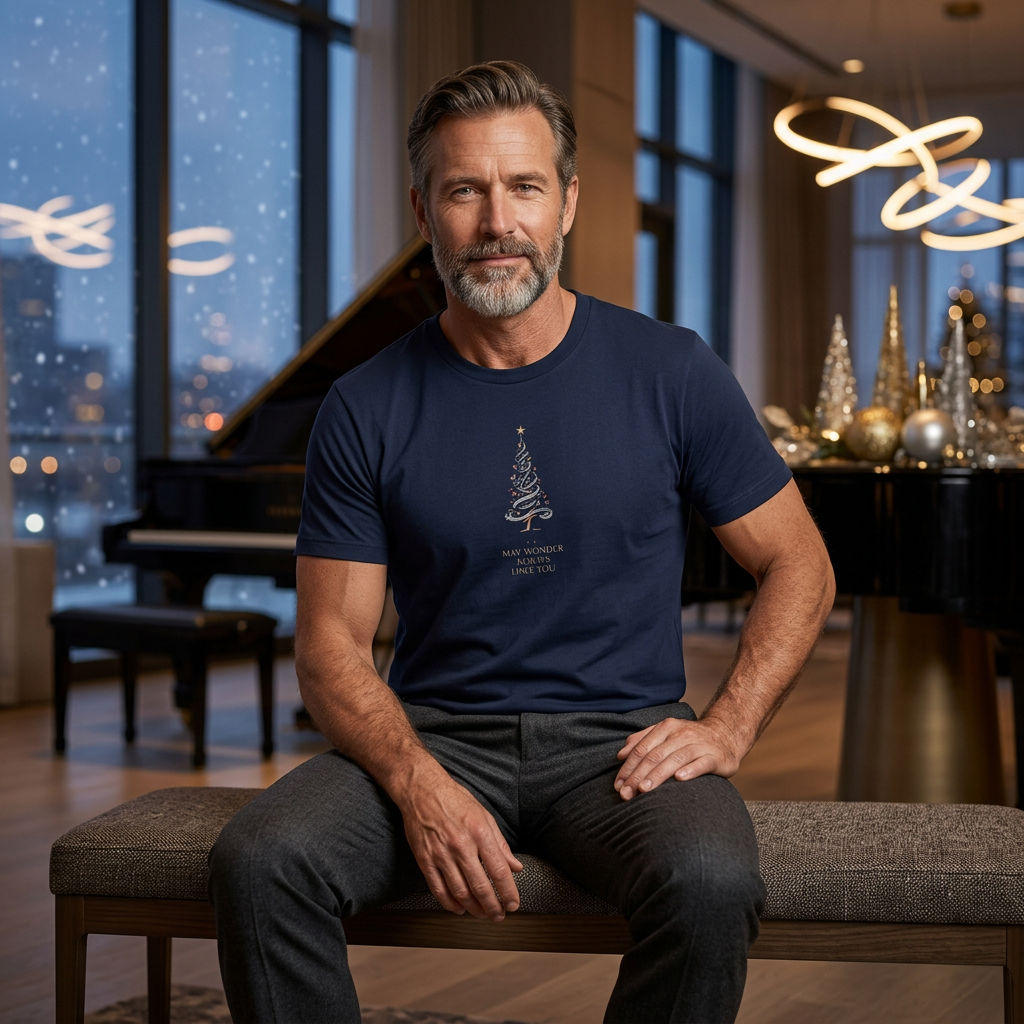 Navy tree tee in an elegant holiday piano lounge