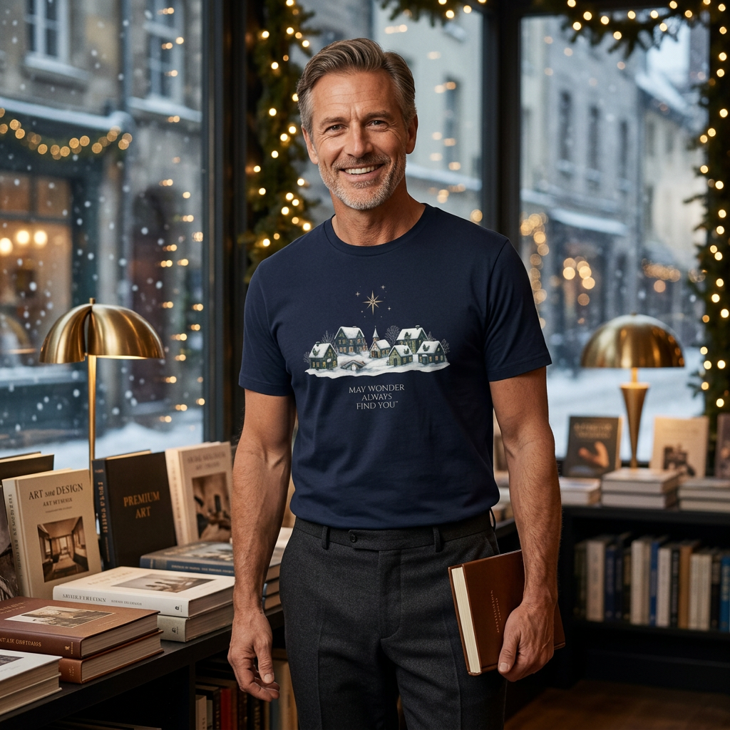 Navy village tee in a festive boutique bookstore