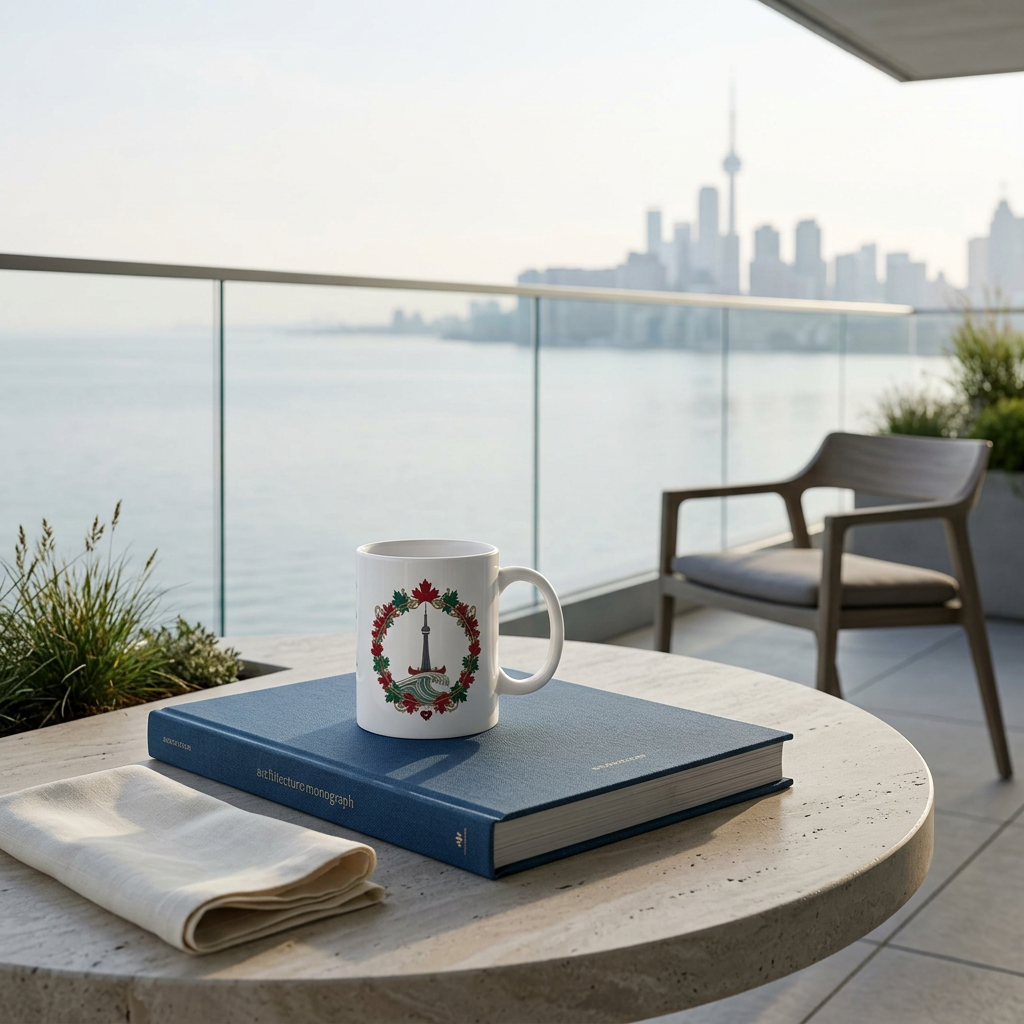 Ontario mug on a contemporary Lake Ontario waterfront terrace