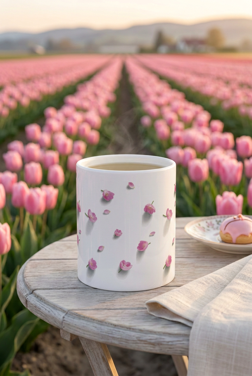Original tulip-field setting refreshed with the updated pink-petal mug artwork
