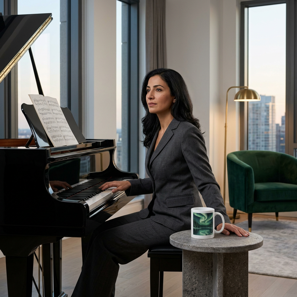 Pianist taking a coffee break with the aurora mug beside a grand piano