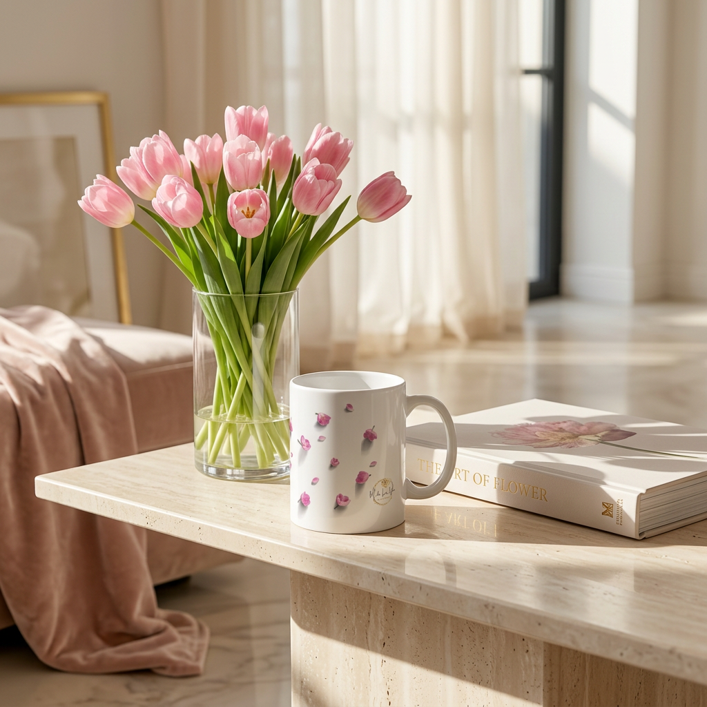 Pink-petal mug styled beside fresh pink tulips in an elegant interior