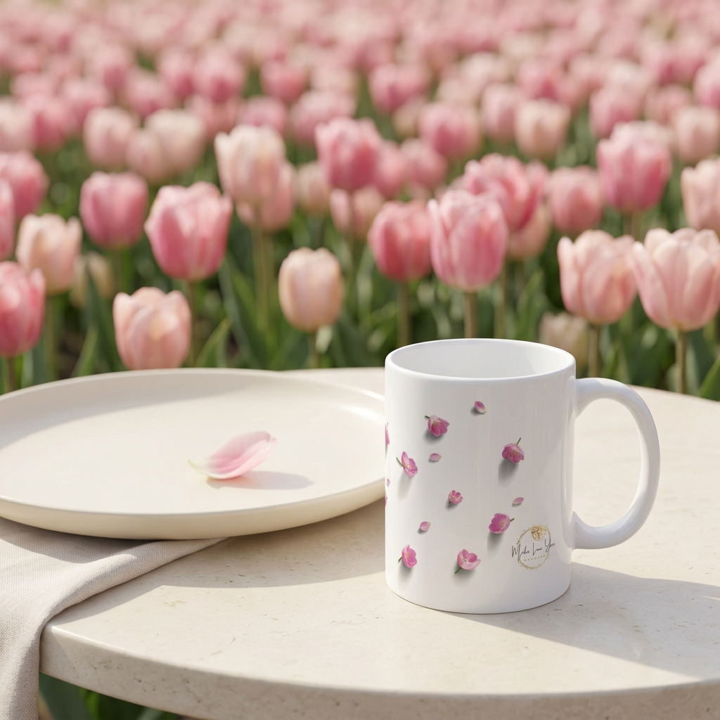 Pink-petal mug with a blooming tulip field behind it