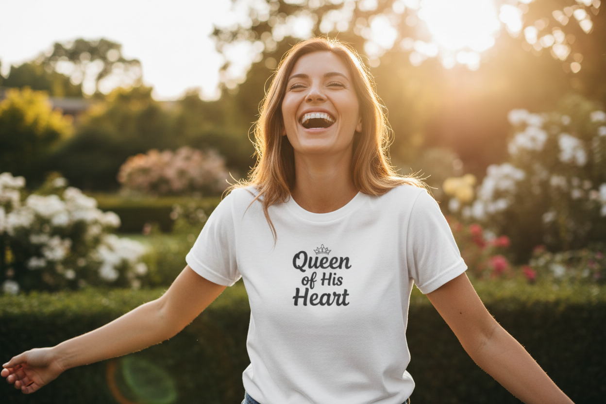 Queen of His Heart Tee - Woman Laughing Outdoors