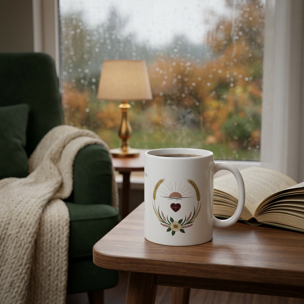 Saskatchewan mug in a cozy rainy-day reading nook