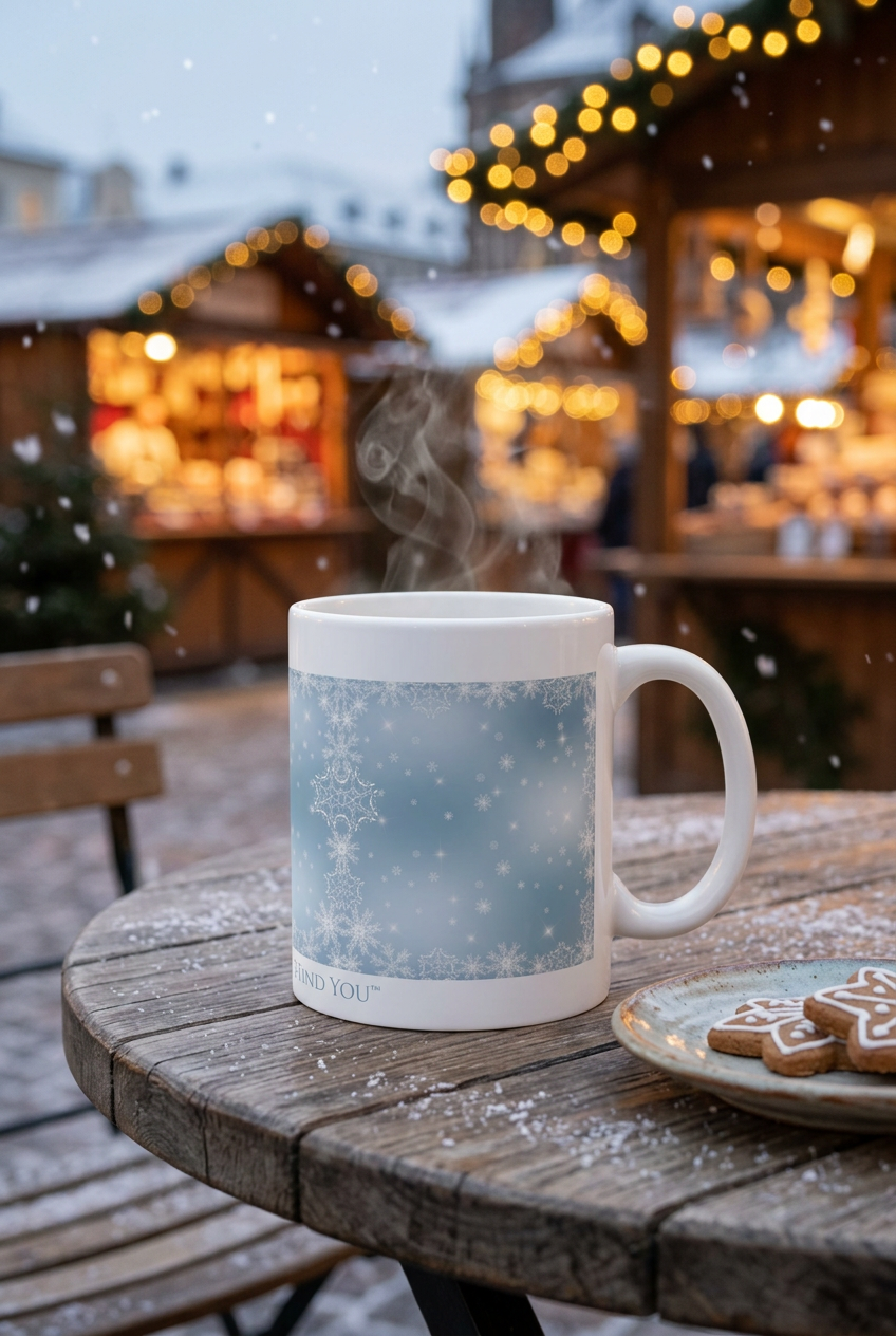 Snowflake mug at a glowing outdoor winter market café