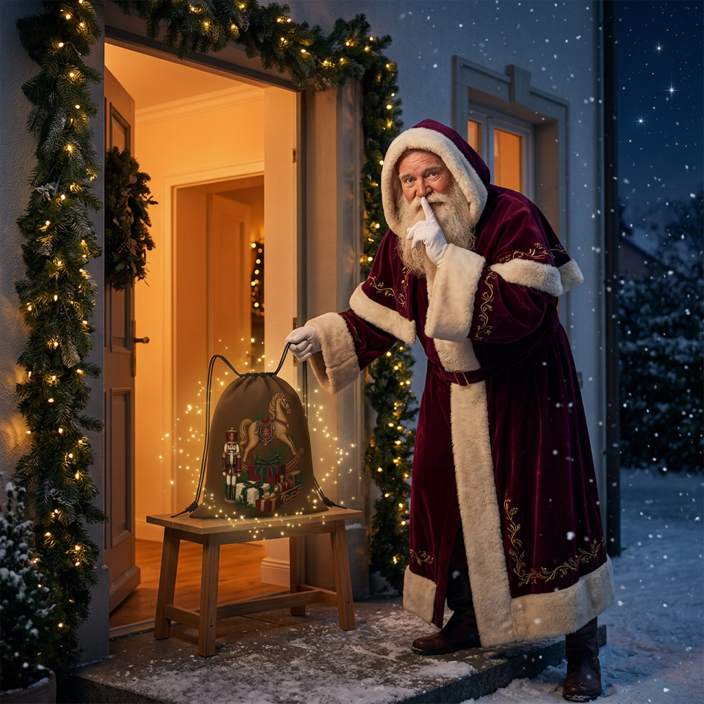 St. Nicholas quietly leaving the Christmas backpack at the doorway in a golden starry glow