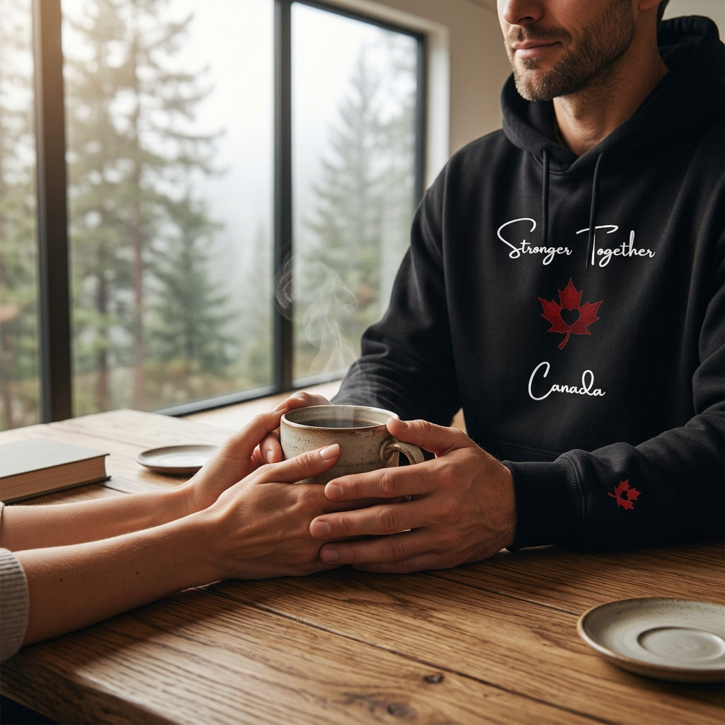 Stronger Together hoodie lifestyle photograph with a couple sharing a warm mug