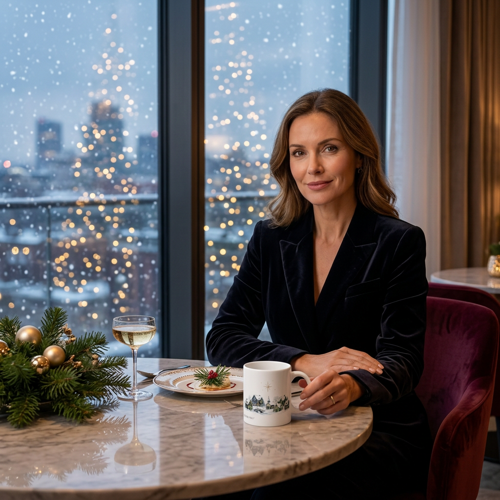 Winter hotel-lounge scene with a small 11 oz village mug