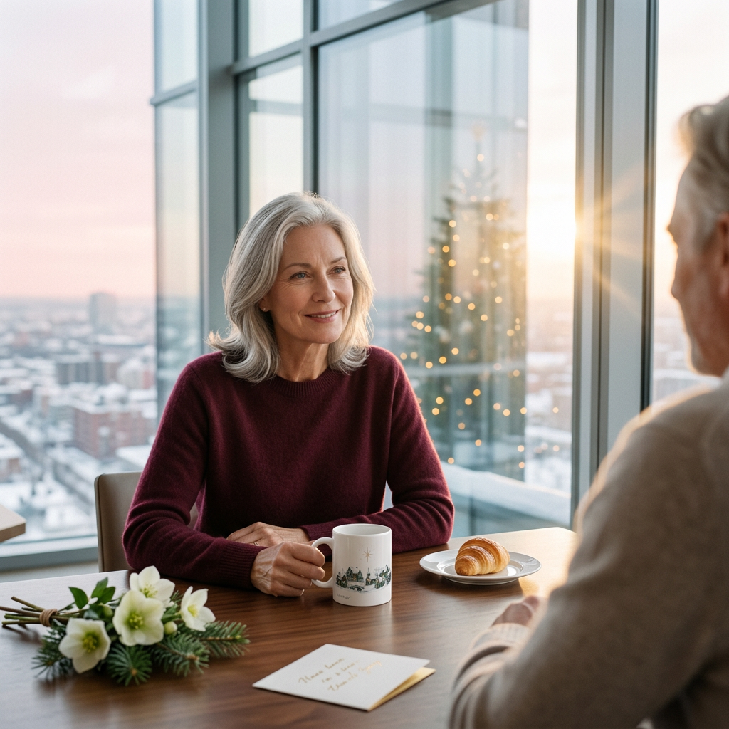 Winter sunrise breakfast with the village mug