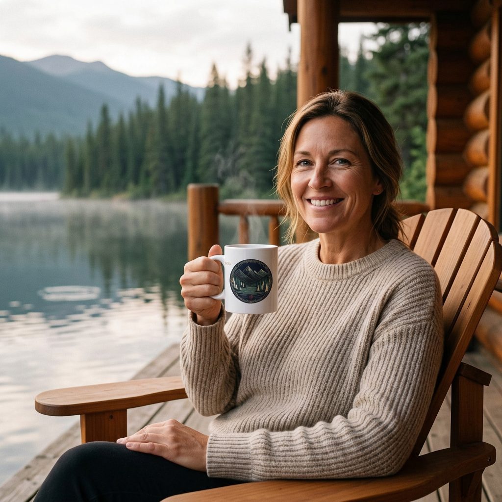 Woman enjoying an 11 oz mountain mug on a lakeside porch