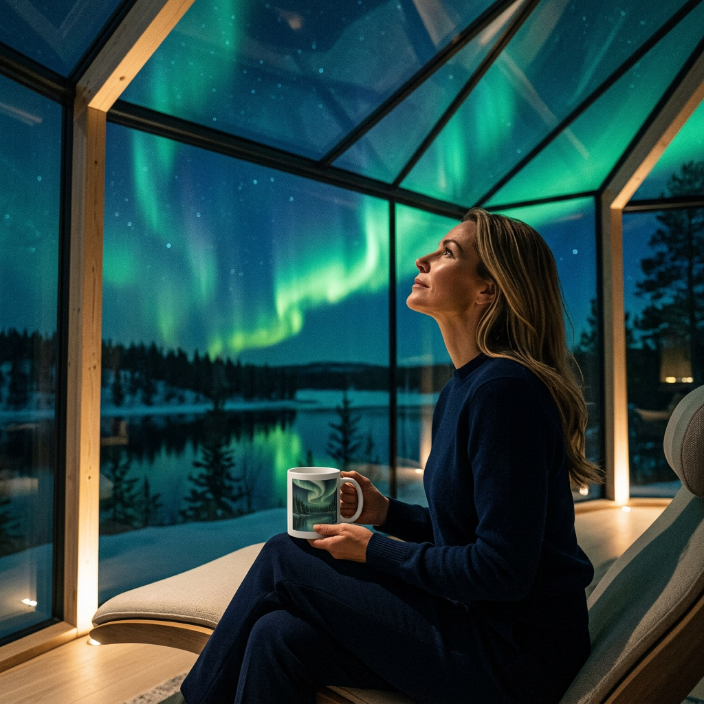 Woman holding the aurora mug beneath a glass-roofed northern-lights observatory
