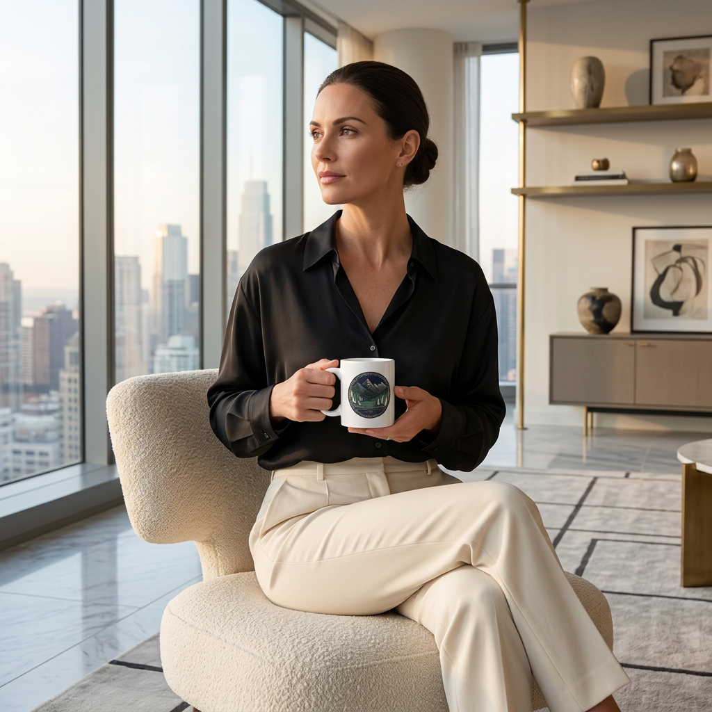 Woman holding the mountain mug in an elegant city penthouse