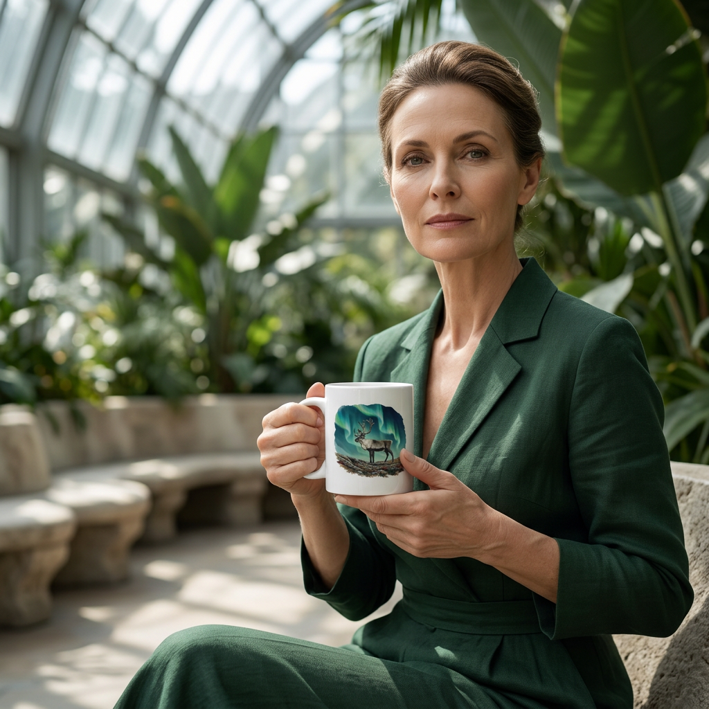 Woman holding the mug in an elegant botanical conservatory