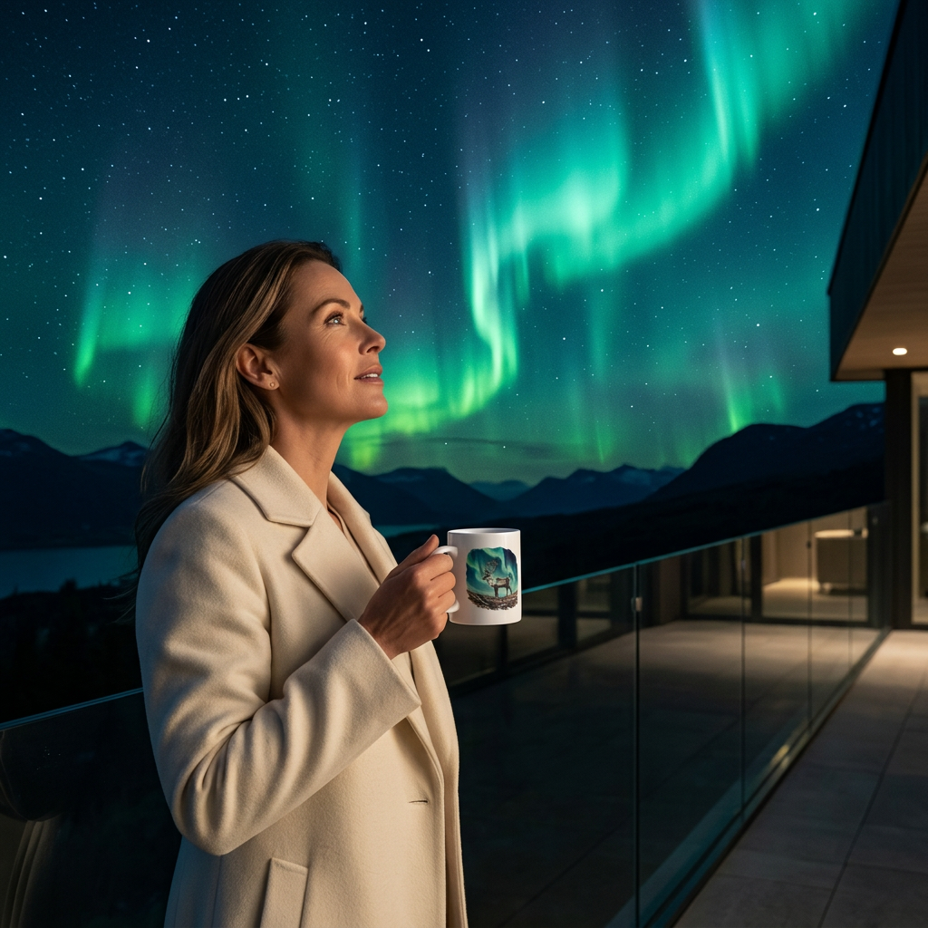 Woman holding the small mug while watching the northern lights