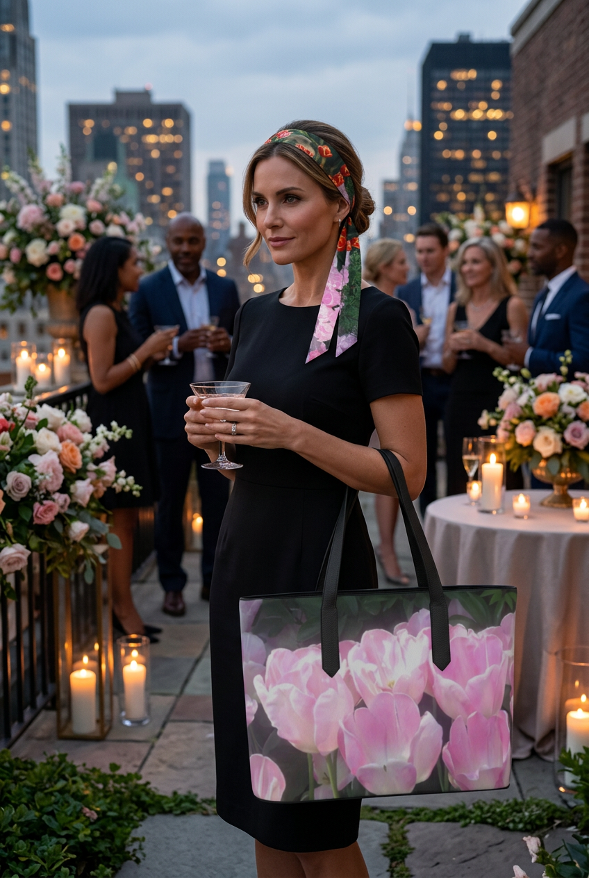Woman wearing the floral twilly as a headband and carrying the matching bag at a cocktail party