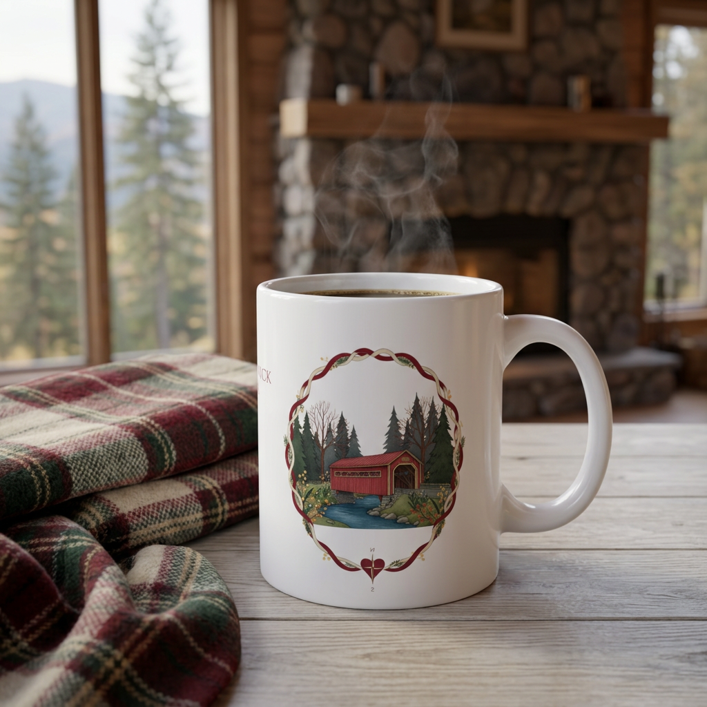 Your covered-bridge mug in a warm cabin setting with a plaid blanket, fieldstone fireplace, and pine-tree views
